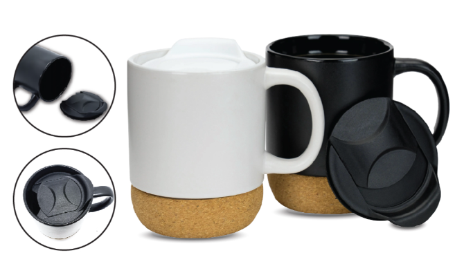 Black & White Ceramic Mug with Lid and Cork base