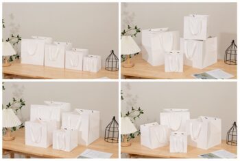 Square Base Plain White Paper Bags with Ribbon Handle