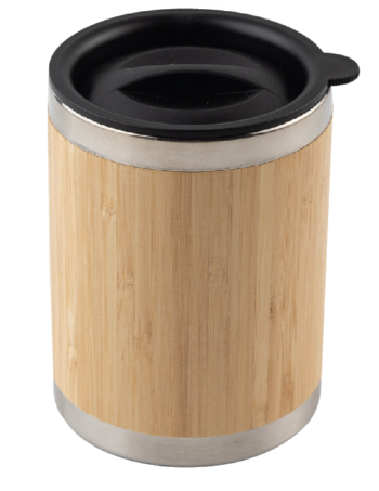Stainless steel mug with bamboo body and black PP lid
