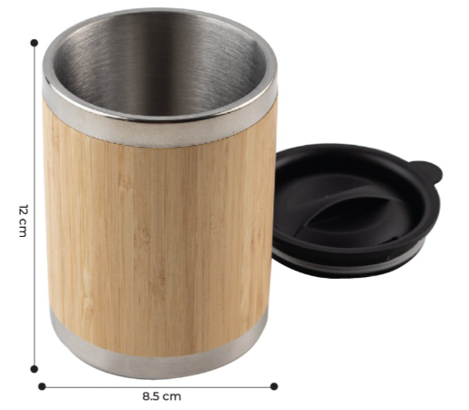 Stainless steel mug with bamboo body and black PP lid