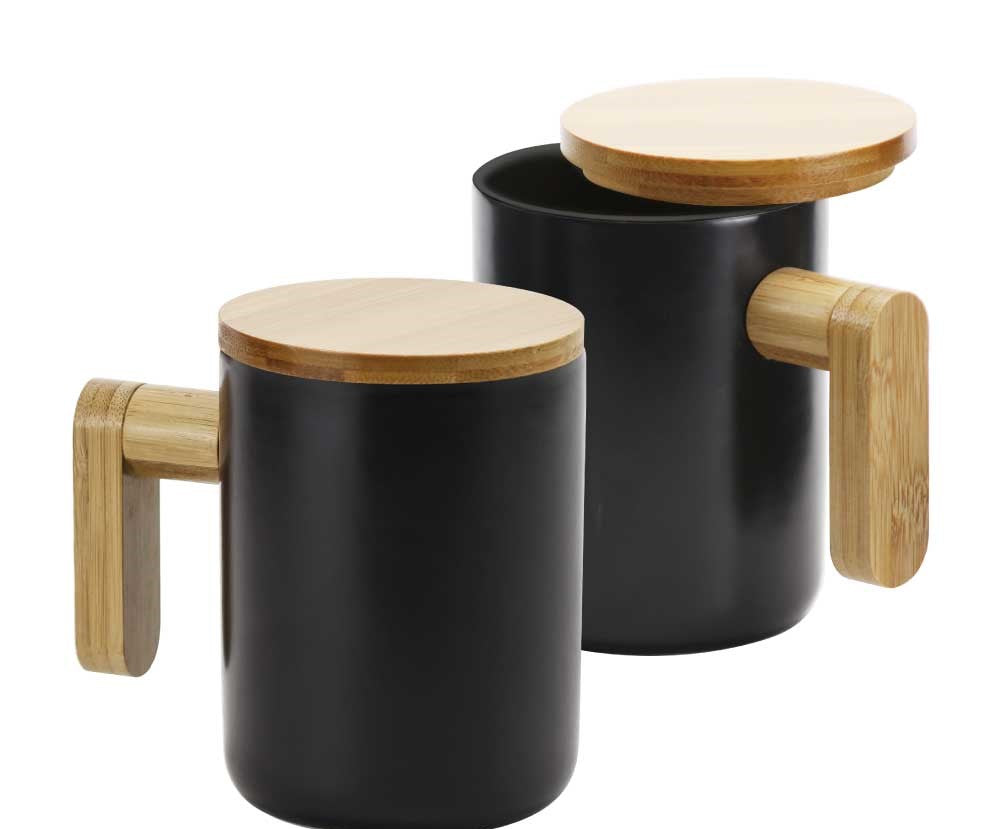 Black Ceramic Coffee Mugs with Bamboo Handle and Lid