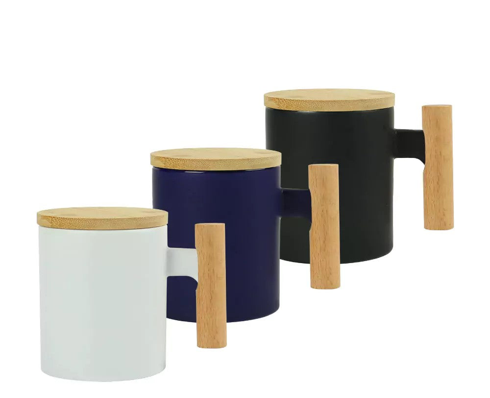 Ceramic Coffee Mugs with Bamboo Handle and Lid 380ml