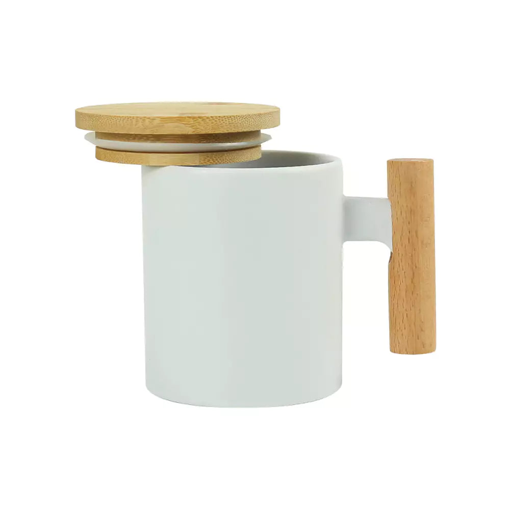 Ceramic Coffee Mugs with Bamboo Handle and Lid 380ml