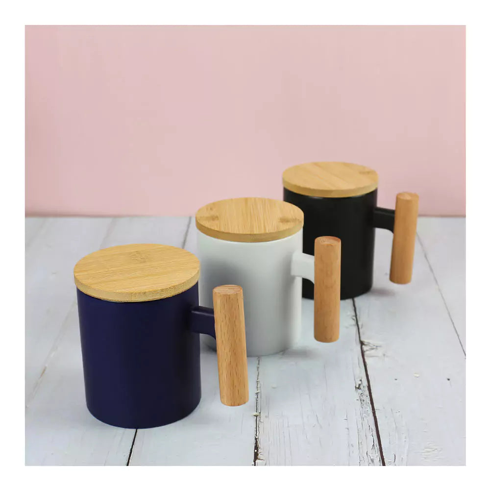 Ceramic Coffee Mugs with Bamboo Handle and Lid 380ml