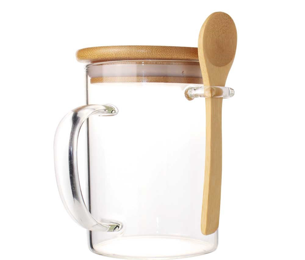 Clear Glass Mug with Bamboo Lid and Spoon