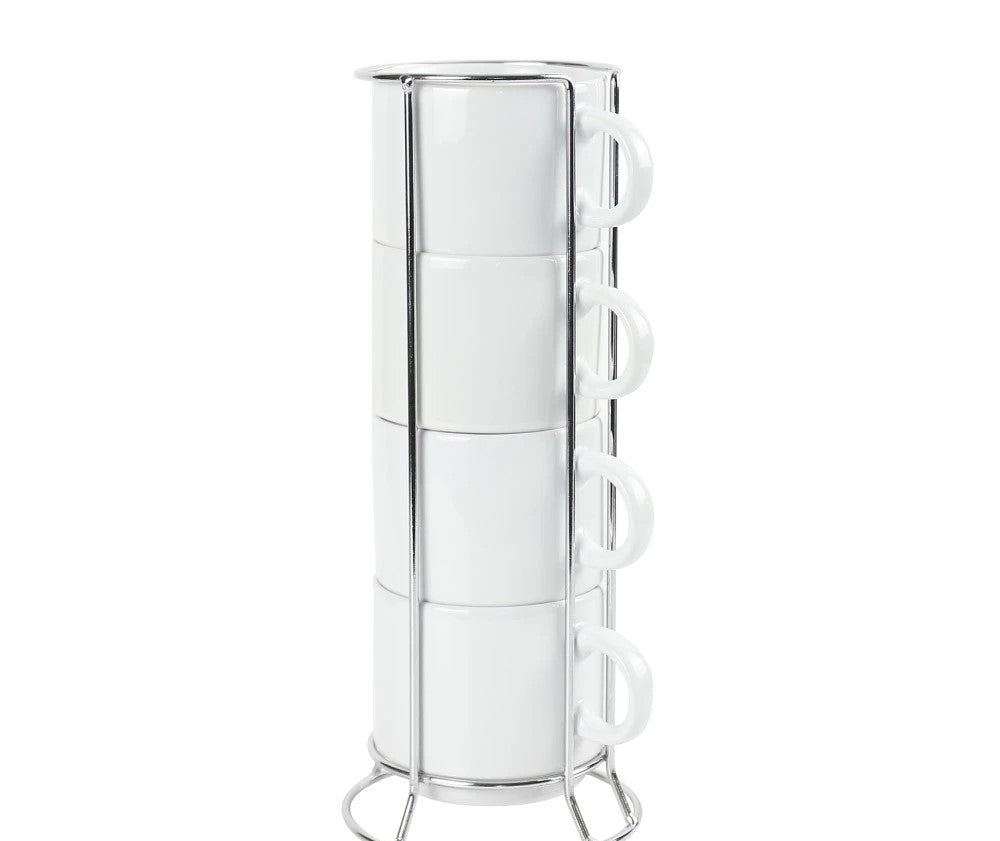 Ceramic Coffee Cups Set 4Pcs in Silver Metal Rack