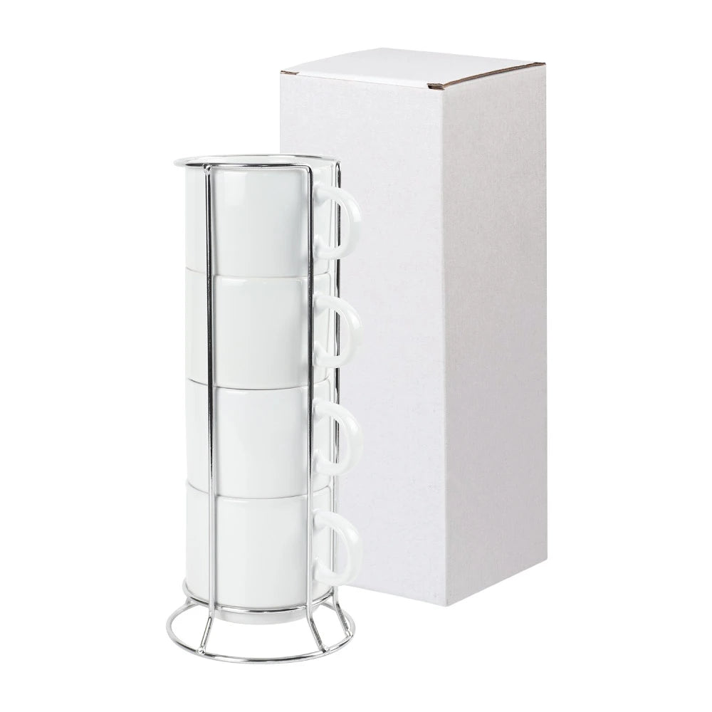 Ceramic Coffee Cups Set 4Pcs in Silver Metal Rack