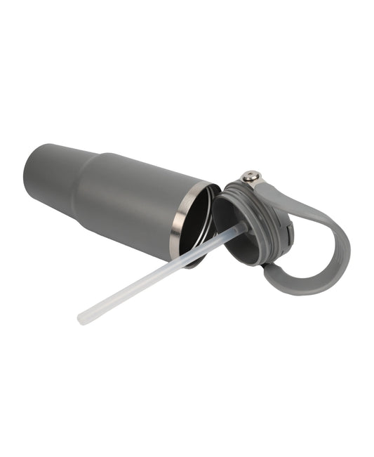 Double Wall Stainless Steel Tumbler in matte gray with removable lid and built-in straw for easy drinking on the go