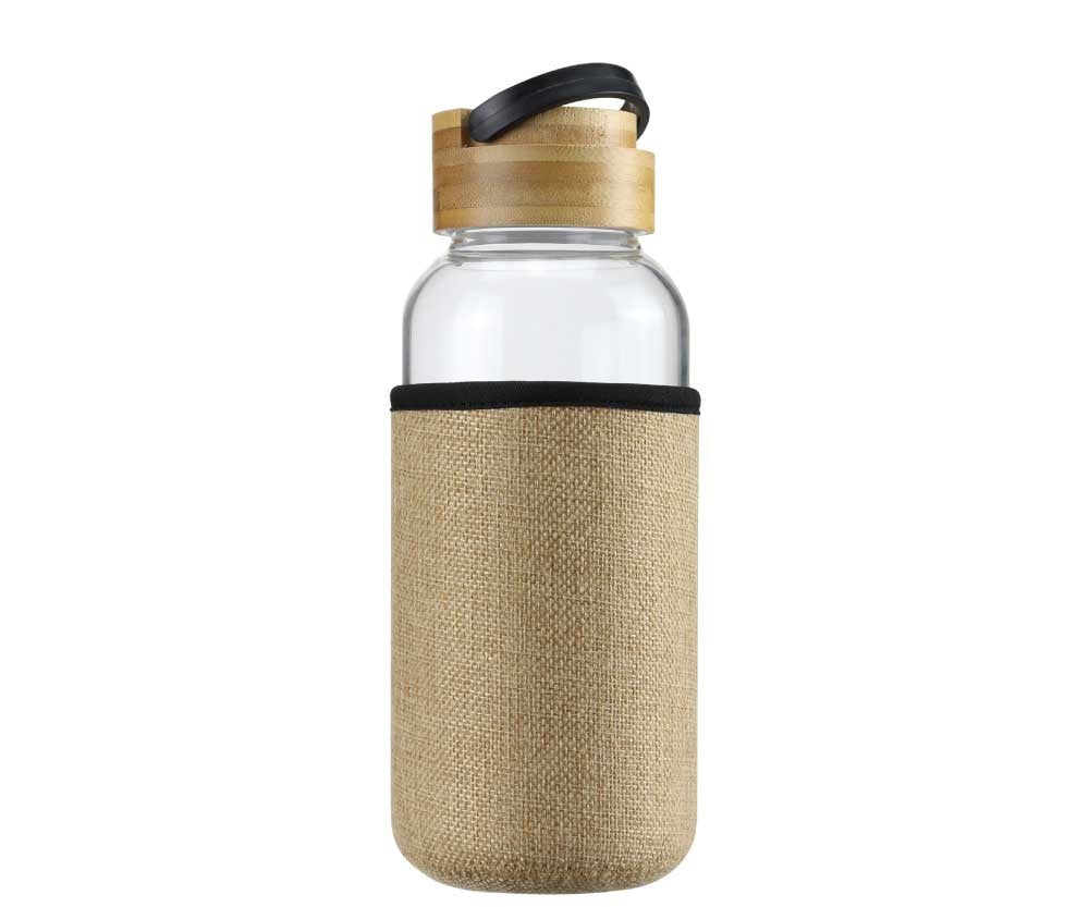 Glass Bottles with Bamboo Lid and Eco Sleeve, 1 liter