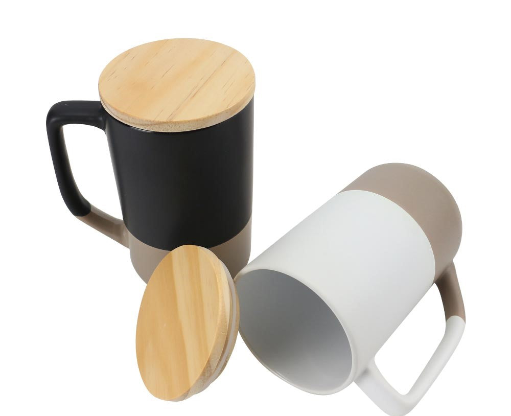 Two-toned Ceramic Mugs with Clay Bottom, Bamboo Lid