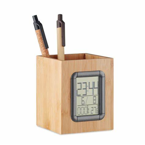 BAMBOO PEN HOLDER WITH LCD DIGITAL CLOCK