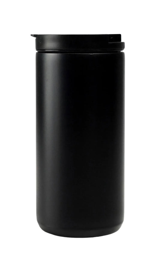 Black matte insulated cup with lid designed for hot and cold drinks, Stainless Steel Tumbler 380ml.
