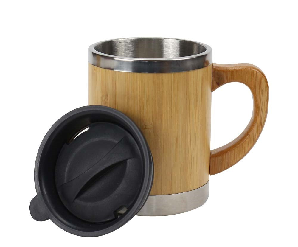 Bamboo & Stainless Steel Coffee Travel Mug with Handle and Lid