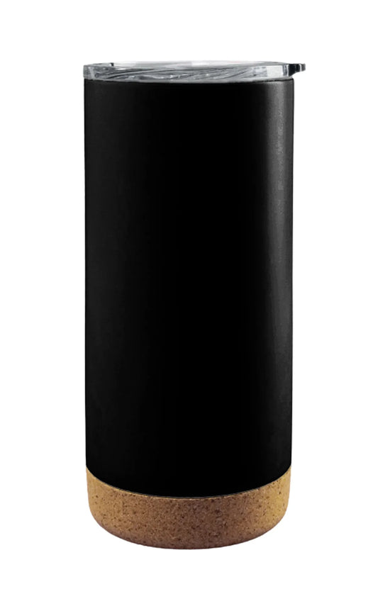 Tumbler with Cork Bottom featuring black body and clear lid, designed for stylish and eco-friendly beverage drinking.