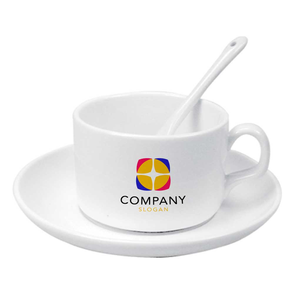 Custom Ceramic Teacup with Saucer & Spoon – 120ml | Logo Printing Available