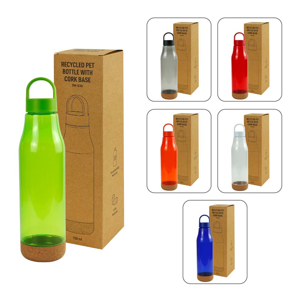 rPET Bottles with Cork Base, Twist-off Lid, Handle, 720ml