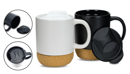 Black & White Ceramic Mug with Lid and Cork base