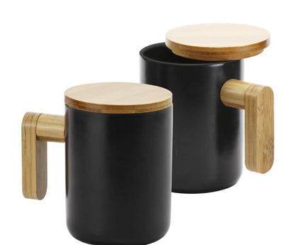 Black Ceramic Coffee Mugs with Bamboo Handle and Lid