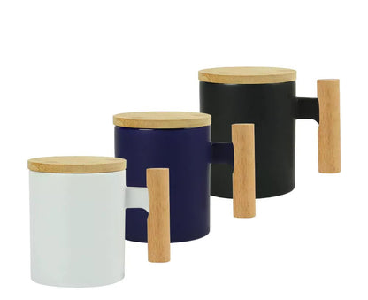 Ceramic Coffee Mugs with Bamboo Handle and Lid 380ml