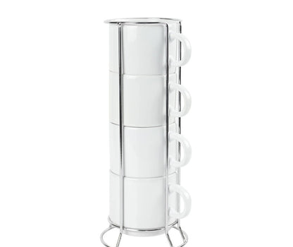 Ceramic Coffee Cups Set 4Pcs in Silver Metal Rack