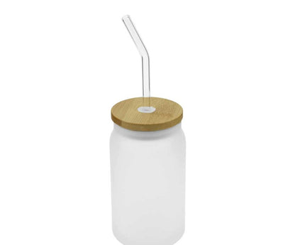 Glass Bottle with Straw and Bamboo Lid 455 ml Capacity
