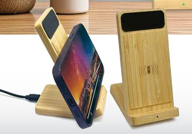 BAMBOO PHONE HOLDER WIRELESS CHARGER LIGHT UP LOGO